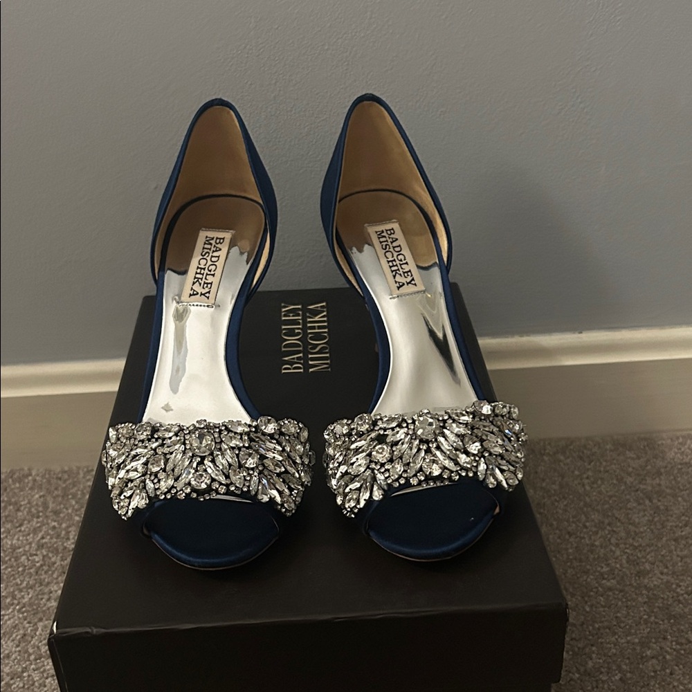 Badgley Mischka Navy Heels with Silver Embellishments